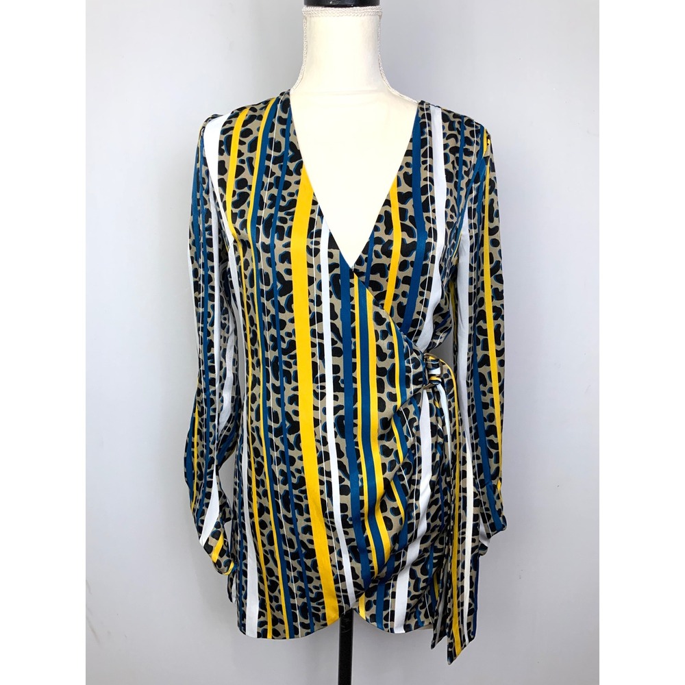 House of Harlow Revolve Sz Small Mixed Print Stripe Leopard Silky Satin Wrap Top